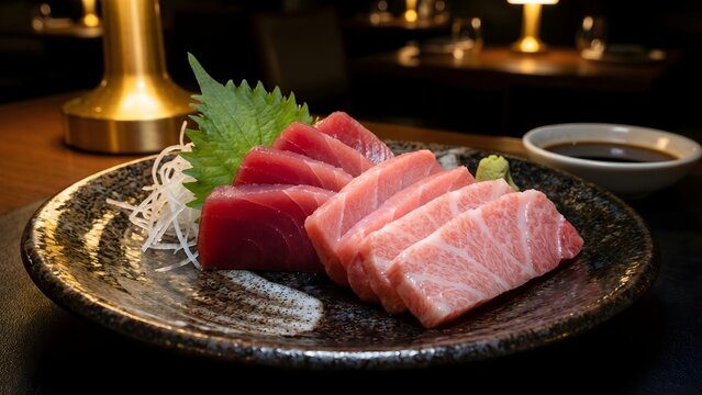 Exquisite plate of fresh tuna sashimi, featuring both lean red maguro and fatty pink otoro, elegantly arranged with traditional garnishes and soy sauce in a restaurant setting.