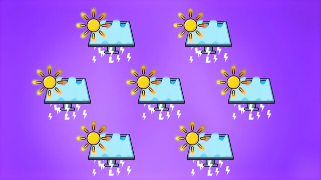 A 2D animation showing a repeating pattern of solar panels and suns with lightning bolt effects on a purple gradient background. This artistic take on technology represents modern power solutions and 