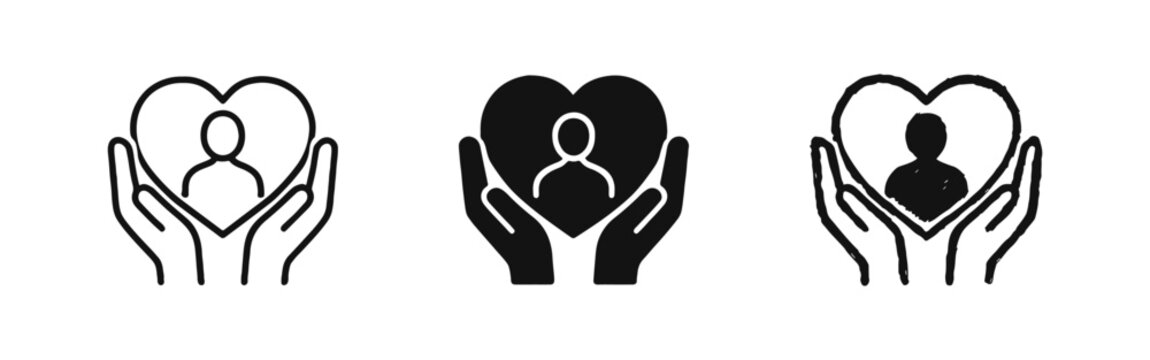 Customer Care Icon Set with Hands Holding Heart and Person for Charity Support and Relationship Symbol