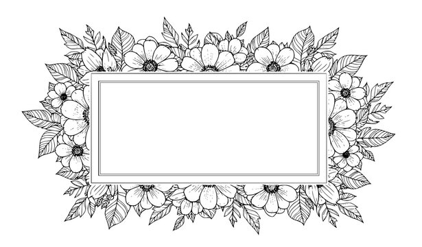 Floral border coloring page vector botanical outline with blank space