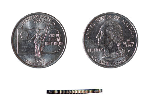 Close-up photo of a United States 1/4 dollar coin dated 1999, shown with front, back, and side views. This is the Pennsylvania state quarter from the U.S. 50 State Quarters series.