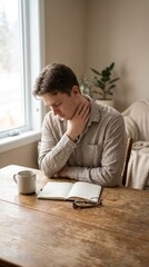 Obraz premium Man sitting at wooden table with notebook and glasses holding his neck