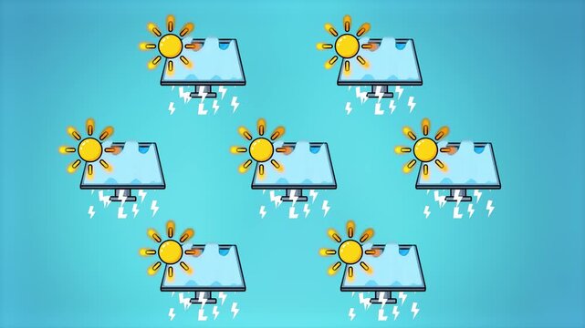 A 2D flat animation displaying a grid of solar panels with glowing suns and lightning bolts on a light blue gradient. The icons represent renewable energy production and sustainable power technology.