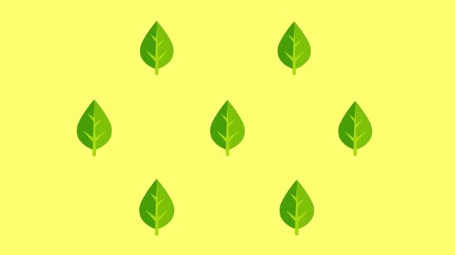 A repeatable 2D animated pattern of vibrant green leaves set against a bright yellow background. Ideal for cheerful seasonal designs and warm motion graphic backdrops.