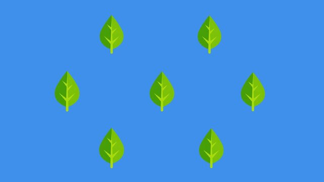 A minimalist 2D motion graphic showing a geometric grid of fresh green leaves floating or swaying gently. This clean, organic vector background forms a seamless loop for environmental concepts.