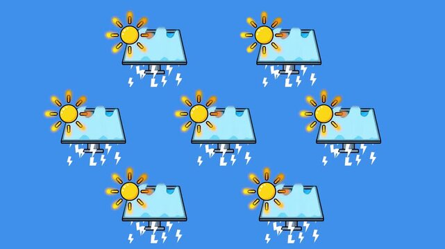 A 2D flat animation featuring multiple solar panel icons paired with glowing suns and lightning bolt symbols. This motion graphic represents renewable energy, solar power generation, and sustainable t