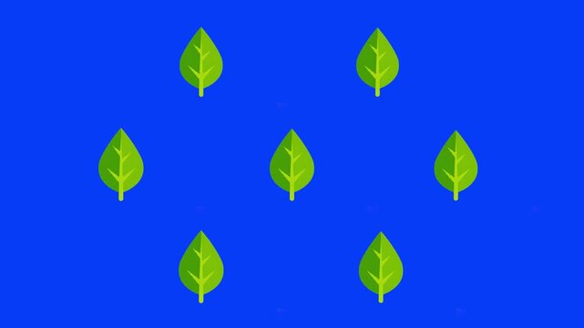 A repeating seamless pattern featuring stylized green leaf icons arranged against a solid blue background. This graphic is suitable for digital backgrounds, website textures, or eco-themed design proj