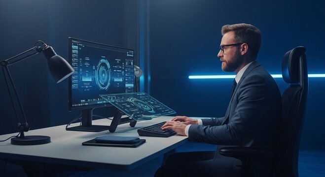 Professional businessman working on futuristic computer interface in office