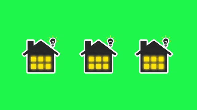 A repeating seamless pattern showcasing stylized smart house icons with illuminated windows and light bulbs against a light green background. This design is ideal for eco-friendly smart home concepts,