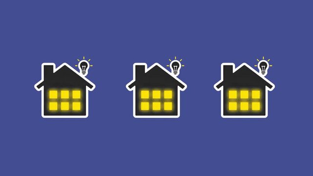 A stylized 2D animation of house silhouettes with lit windows and idea bulbs moving across a dark purple-blue background. Perfect for night-time energy management concepts, smart home apps, and home s