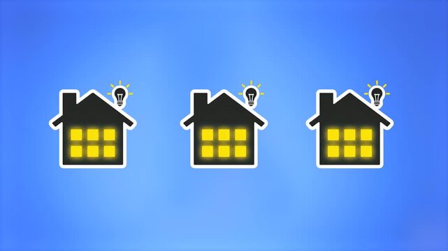 A 2D motion graphic showing a row of black house icons with glowing yellow windows and light bulb symbols scrolling on a light blue gradient. Represents smart automation, energy efficiency, and modern