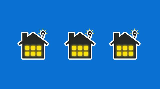 A clean flat design 2D vector graphic showing minimalist black house icons with glowing yellow window grids and light bulb symbols over a blue background. Ideal for green energy efficiency promos, sma