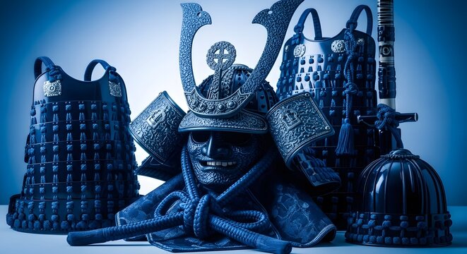Ancient samurai armor display a blue tinted historical collection