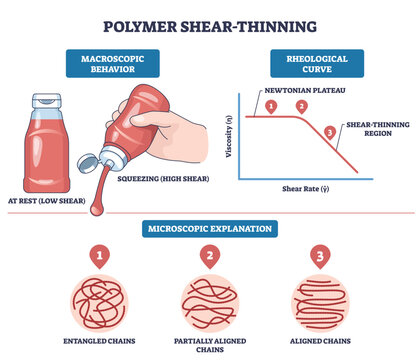Polymer shear-thinning illustrated with a ketchup bottle, rheology curve, and aligned chains, showing viscosity drops as shear increases. Outline diagram