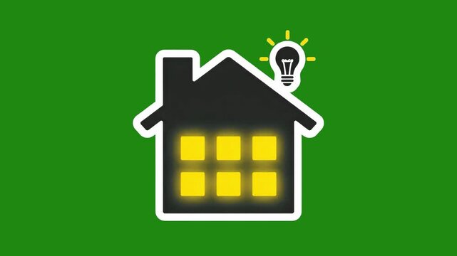 A flat vector icon of a house with glowing windows and a light bulb symbol on a green background. This graphic signifies eco-conscious smart home solutions, green energy, and sustainable residential a