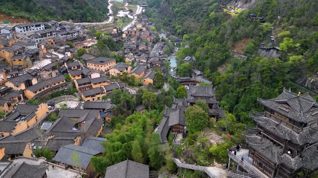 Aerial view of Wangxian Valley or ancient town Scenic Area has become a popular spot for visitors seeking scenic views, cultural vibes, and photogenic landscapes in Jiangx