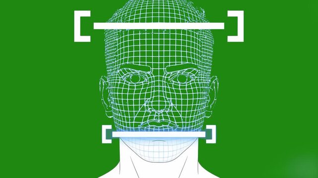 A futuristic digital 2D interface showing a glowing white line scanning a green wireframe mesh human head against a green screen backdrop. Designed as a sci-fi HUD overlay asset for digital system che