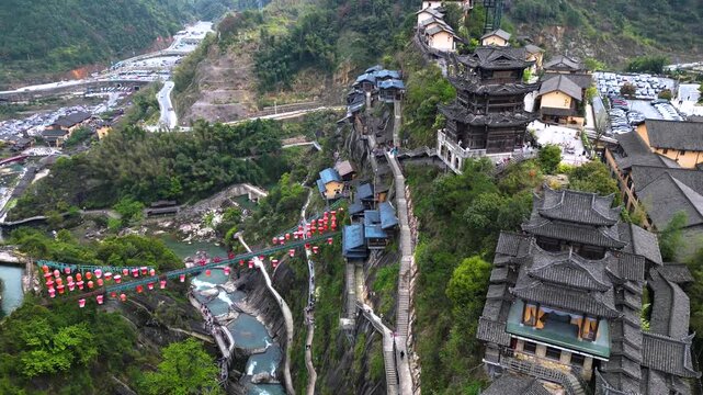 Aerial view of Wangxian Valley or ancient town Scenic Area has become a popular spot for visitors seeking scenic views, cultural vibes, and photogenic landscapes in Jiangx