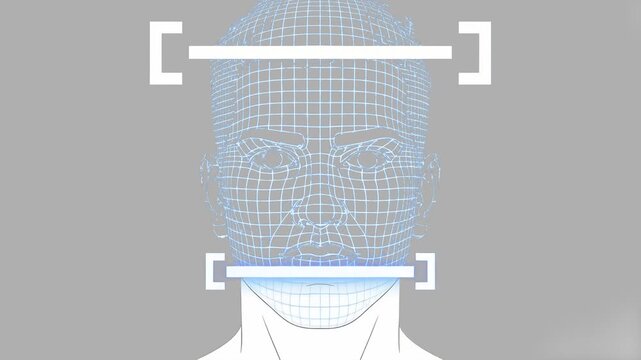A futuristic digital wireframe of a human face being scanned by a facial recognition system. This image is suitable for security, biometric, artificial intelligence, and high-tech themed technology pr