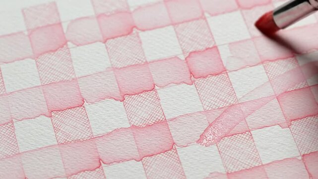 Painting a Watercolor Gingham Pattern: Close Up of Red and White Checkered Artistic Brush Strokes and Texture