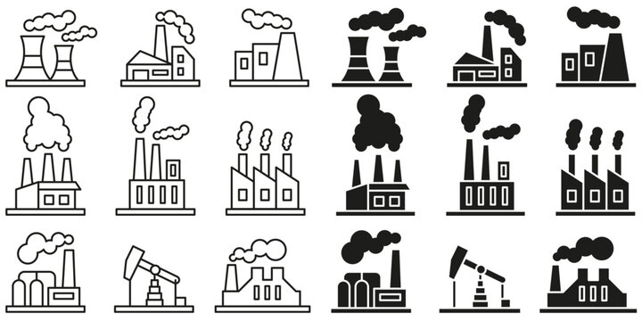 Icons in various styles with a factory theme. A collection of images of factory buildings.