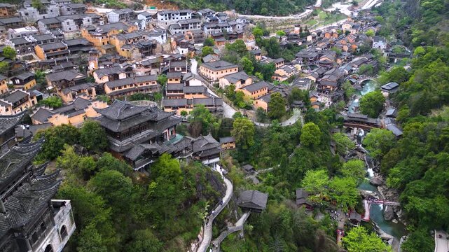 Aerial view of Wangxian Valley or ancient town Scenic Area has become a popular spot for visitors seeking scenic views, cultural vibes, and photogenic landscapes in Jiangx