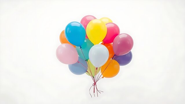 helium. Colorful helium balloons floating gracefully against a clean white backdrop, simple yet eye-catching. tutorial guides, club newsletters, designed for tourism and weekend activity guides.