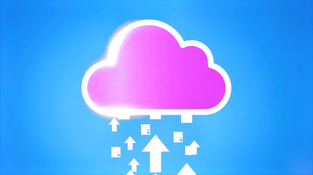 A stylized icon featuring a pink-hued cloud with upward-pointing arrows indicating data upload against a blue background. This graphic is suitable for digital service branding, cloud computing concept