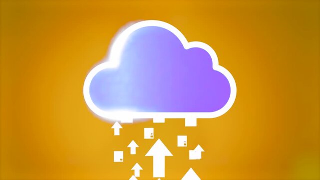 A stylized purple cloud with white outline features upward-pointing arrows indicating data upload. Suitable for cloud storage, web technology, network backup, and digital sync UI presentations.