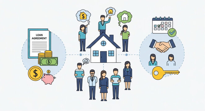 Real Estate Transaction Process with People and Icons.