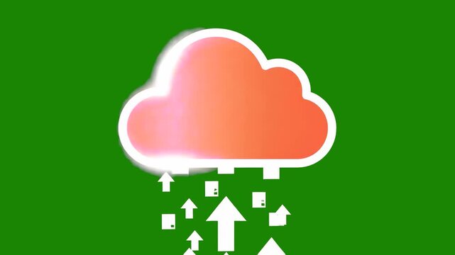 A stylized 3D red cloud icon pulsing with uploading activity as white data pixels and upward arrows stream into it against a solid chroma key green screen. Perfect for warning alerts, critical server 