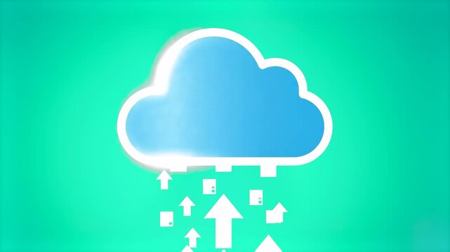 A stylized icon of a cloud with upward-pointing arrows indicating data upload against a vibrant teal background. This flat vector-style graphic is ideal for cloud storage platforms or modern tech-focu