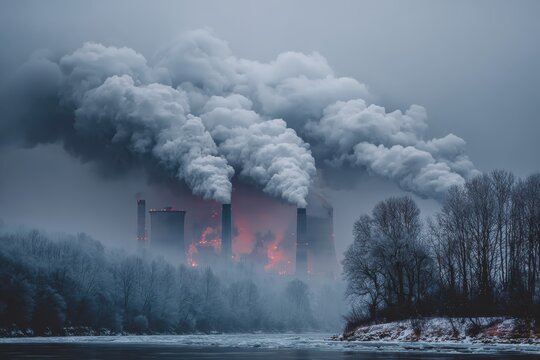 Industrial Pollution: Smokestacks belch smoke into a somber, wintry scene