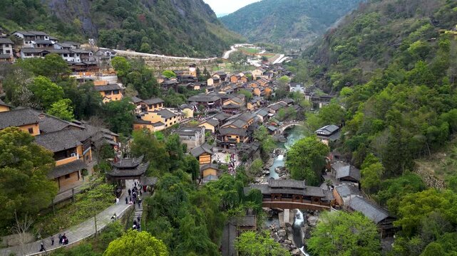 Aerial view of Wangxian Valley or ancient town Scenic Area has become a popular spot for visitors seeking scenic views, cultural vibes, and photogenic landscapes in Jiangx