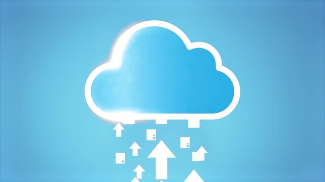 A blue cloud icon with upward-pointing arrows indicating data being uploaded to the cloud. This simple, modern graphic is ideal for cloud computing, data storage, networking, and digital service websi