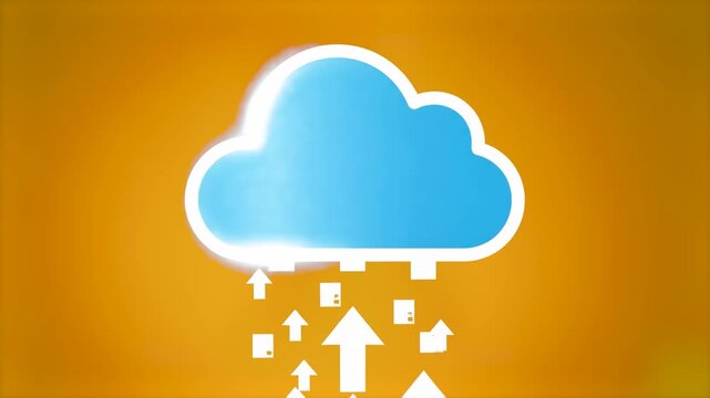 Small document icons and arrows fly upward into a glowing blue cloud symbol. This animation represents data migration, cloud storage, and online backup processes.