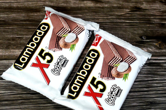 Cairo, Egypt, March 16 2026: Lambada X5 Coconut wafer biscuits, the snack consists of crispy wafer layers filled with natural coconut cream