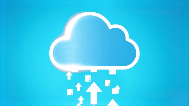 A high-quality 3D digital animation featuring a glossy blue cloud storage symbol with white transfer arrows and file squares rising upward against a bright sky-blue backdrop. Excellent graphic asset f