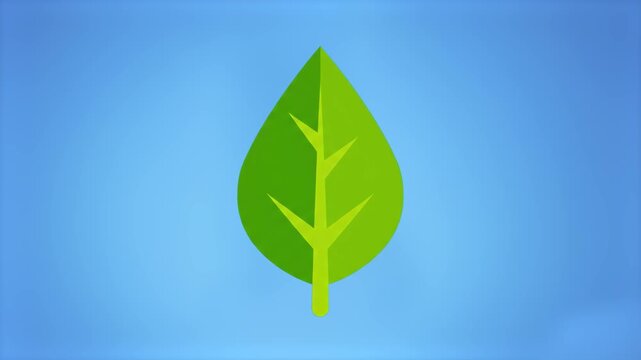 A crisp flat-design 2D graphic illustration of a single green deciduous leaf standing in the center against a light blue gradient background. Perfect for eco-friendly branding, organic product logos, 