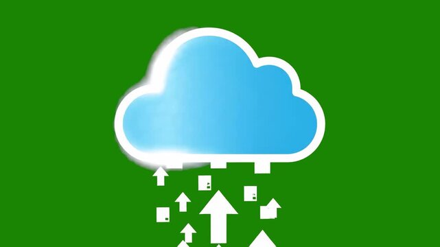 A glossy 3D stylized blue cloud icon with white arrows and digital data packets actively flying upward into it against a solid green screen backdrop. Perfect for cloud computing advertisements, data b