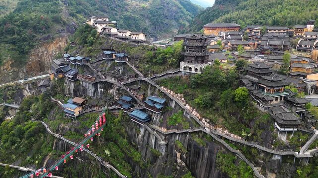 Aerial view of Wangxian Valley or ancient town Scenic Area has become a popular spot for visitors seeking scenic views, cultural vibes, and photogenic landscapes in Jiangx