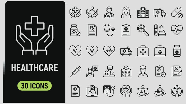 Healthcare set of web icons in line style. Medicine and Health Care linear icon collection. Containing emergency, physician, treatment, medical, report, analysis, wellness, prevention. Editable stroke