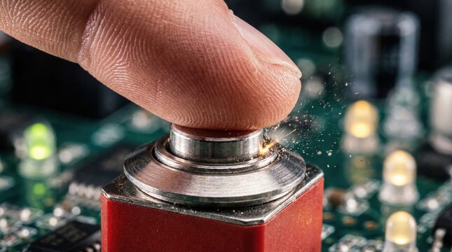 Finger pushing a red button on a circuit board with sparks flying and LE Ds glowing signifying activation of electronic technology and system initiation
