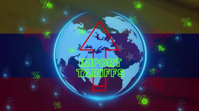 Global Trade Illustration with Import Tariffs Concept, highlighting economic implications against a nation's flag backdrop.