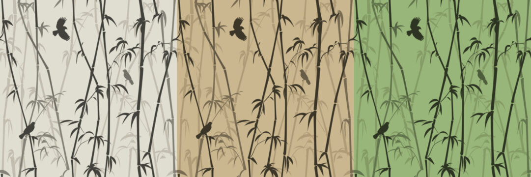 Seamless pattern with bamboo forest and birds, two color options