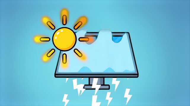 A cartoon-style 2D vector animation depicting a shiny sun emitting energy rays onto a solar panel system with electrical sparks below. This loop icon represents clean technology and renewable green en