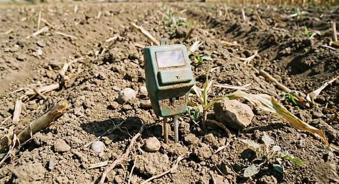 Analog soil moisture meter inserted into dry cloddy dirt in a harvested agricultural farm field