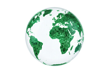 Fototapeta premium Transparent glass Earth globe with glowing green circuit board continents isolated on white