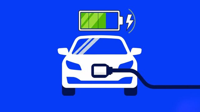 A flat vector icon of an electric car connected to a charging station, accompanied by a battery level indicator. This graphic represents electric mobility, green transportation, and the future of sust