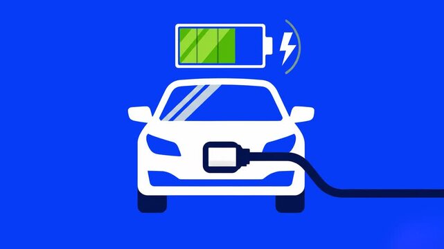 A flat vector icon of an electric car connected to a charging station, accompanied by a battery level indicator. This graphic represents electric mobility, green transportation, and the future of sust